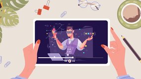 using and navigating a virtual tablet or touchscreen interface in a futuristic digital environment. 2d animation, cartoon style, motion graphic, animated background, flat design, character animation,  - Powered by Shutterstock - Get 15% off with code: PIKWIZARD15