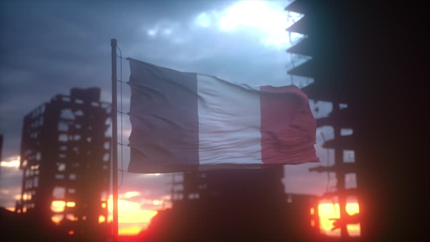 French Flag Waving Over Ruins at Dramatic War-Torn Sunset