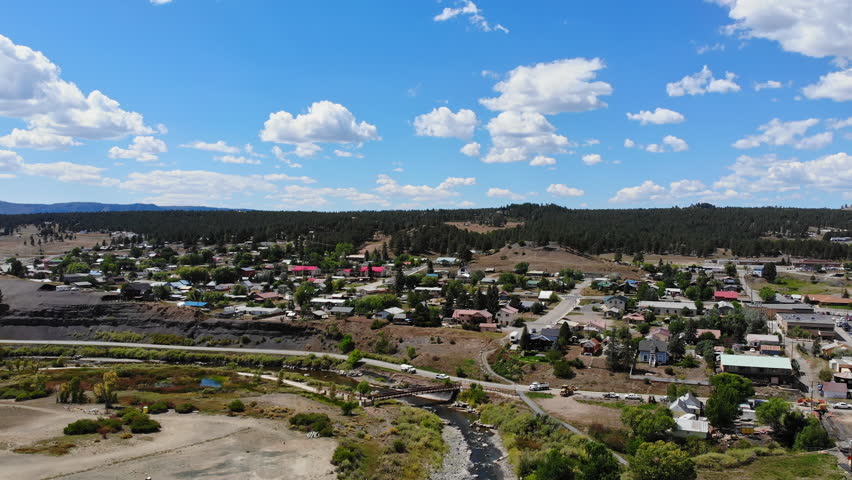 Pagosa Springs aerial with neighborhood and San Juan River