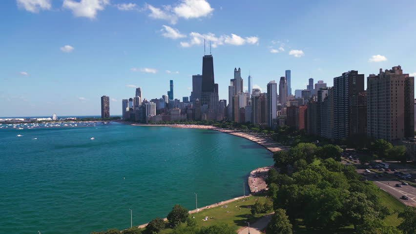 Aerial of Chicago Skyline and Lake Michigan Coastline