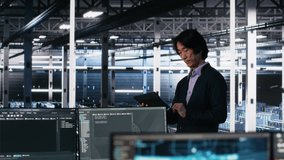 Data center manager supervising developer using device to monitor neural network AI LLMs. Team leader checking progress done by worker overseeing servers powering machine learning processes, camera A - Powered by Shutterstock - Get 15% off with code: PIKWIZARD15