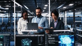 Portrait of smiling engineers in data center code with generative AI assistance. Happy IT experts doing brainstorming, leveraging artificial intelligence large language model to solve tasks, camera A - Powered by Shutterstock - Get 15% off with code: PIKWIZARD15