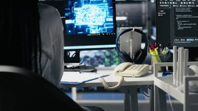 Female technician in data center answers telephone call, assisting users with AI troubleshooting. Server hub IT worker talks in phone call, managing customers issues using deep learning, camera A - Powered by Shutterstock - Get 15% off with code: PIKWIZARD15