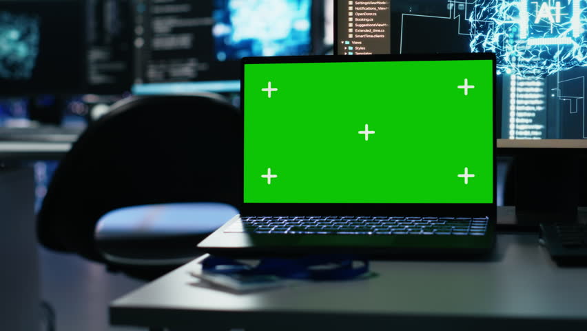 Close up of mockup notebook in data center supporting AI training workflows and automation of systems. Isolated screen laptop in server room tracking hardware processing deep learning datasets