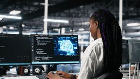 Female programmer in data center reviews AI diagnostics, analyzing neural network performance. Server hub IT expert optimizes artificial intelligence systems configuration, camera A - Powered by Shutterstock - Get 15% off with code: PIKWIZARD15