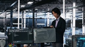 Team of engineers doing brainstorming in server room using AI to review infrastructure diagnostics. Teamworking IT colleagues in data center analyzing data using artificial intelligence, camera A - Powered by Shutterstock - Get 15% off with code: PIKWIZARD15