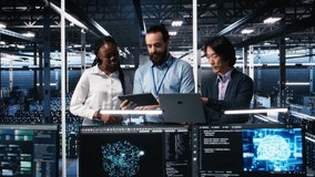 Happy data center colleagues collaborating on neural network software development. Cheerful teamworking server hub coworkers implementing machine learning technology in workplace, camera A - Powered by Shutterstock - Get 15% off with code: PIKWIZARD15