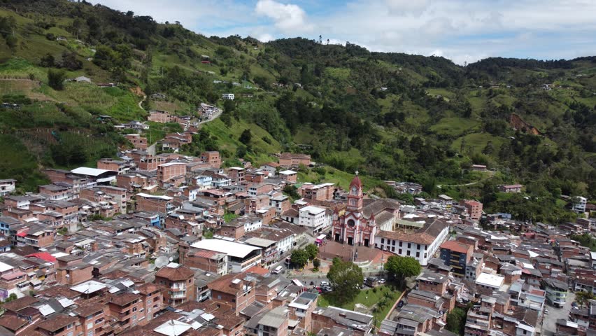 Granada, Antioquia - Colombia. June 28, 2025. Panoramic drone view of the town