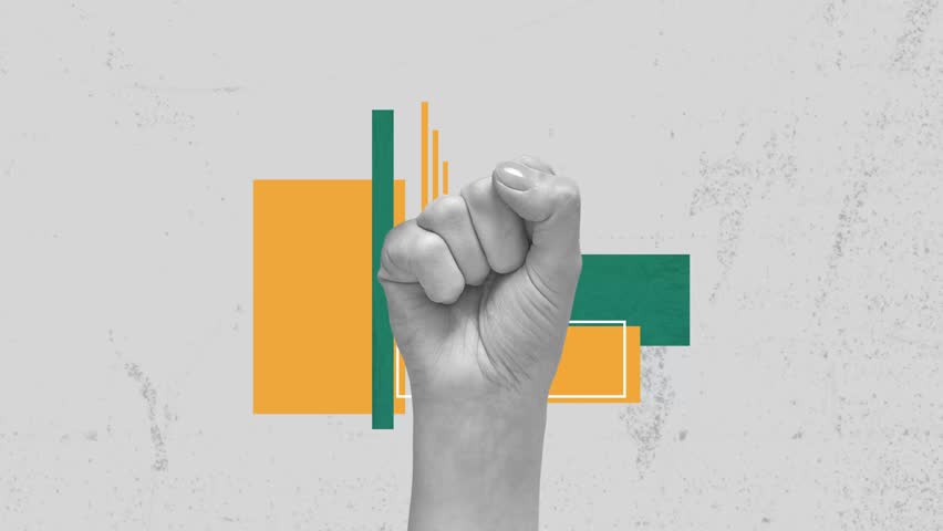 Trendy Halftone Collage Raised Fist up. Demonstration of protest. Fight for your rights. Girl power. Success and strength. Feminism concept. Magazine style. Contemporary vector art illustration