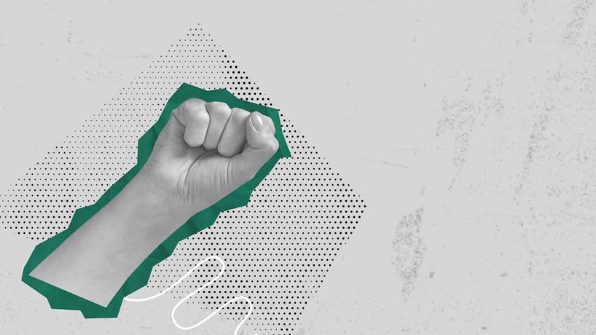 Trendy Halftone Collage Raised Fist up. Demonstration of protest. Fight for your rights. Girl power. Success and strength. Feminism concept. Magazine style. Contemporary vector art illustration