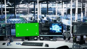 Data center green screen computers showing neural network visualization and code debugging software running. Chroma key PCs in server room powering machine learning and automated research tasks - Powered by Shutterstock - Get 15% off with code: PIKWIZARD15
