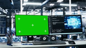 Data center green screen computers showing neural network visualization and code debugging software running. Chroma key PCs in server room powering machine learning and automated research tasks - Powered by Shutterstock - Get 15% off with code: PIKWIZARD15