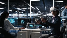 Data center engineer using virtual reality, managing AI systems for uptime and efficiency. IT employee using VR headset and artificial intelligence technology in server hub, camera A - Powered by Shutterstock - Get 15% off with code: PIKWIZARD15