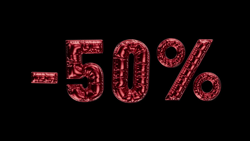 "-50%" letters from glossy, crinkled waving mylar balloons. Text for promotions, online sales. Typography for advertising and festive discounts. Transparency embedded. Loop