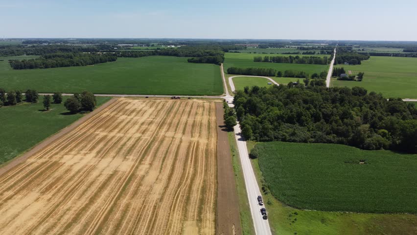 Commercial wheat farm in Ontario Canada aerial footage 