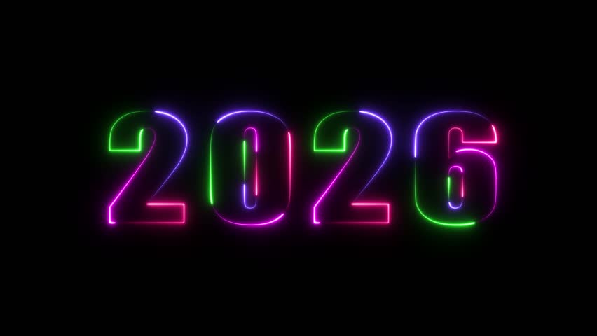 A dazzling neon "2026" design glowing in vivid pink, green, and purple on a black background, blending retro charm with futuristic digital style and energy