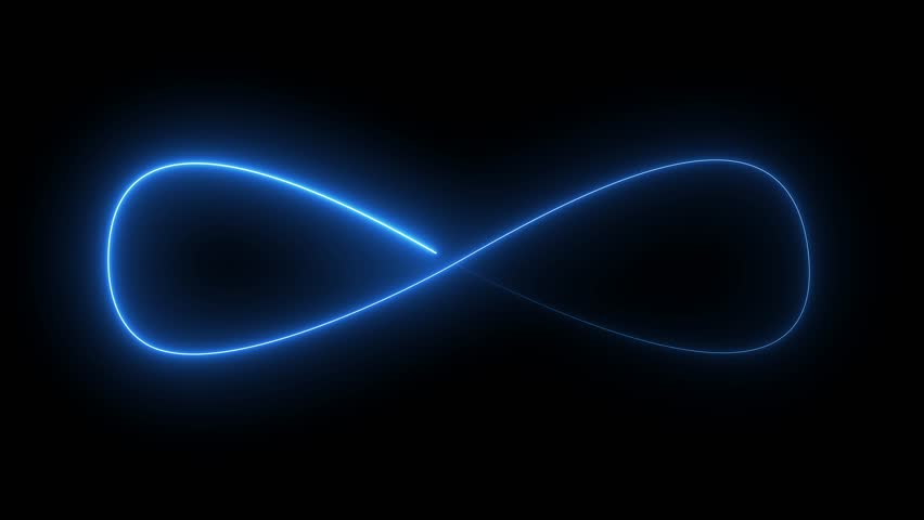 A glowing, neon-blue infinity symbol set against a dark background, radiating energy and light, symbolizing eternity, endless possibilities, and the interconnectedness of all things.