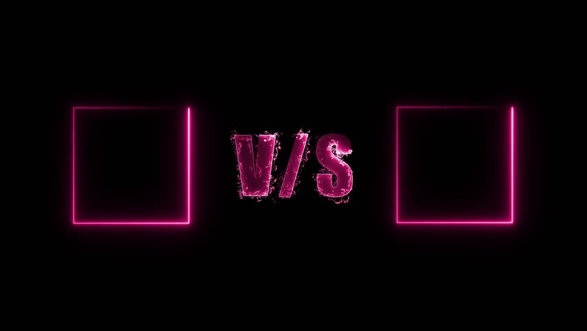 Two neon pink glowing squares face off with V S in the center, symbolizing a dramatic versus matchup in a high-energy digital or gaming context. 4K Video motion graphic animation.