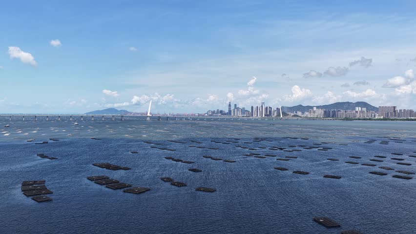 Skyview of Shenzhen Bay Bridge connects China and Hong Kong, featuring modern design, spectacular sea views and efficient cross border transportation, an iconic infrastructure in Greater Bay Area