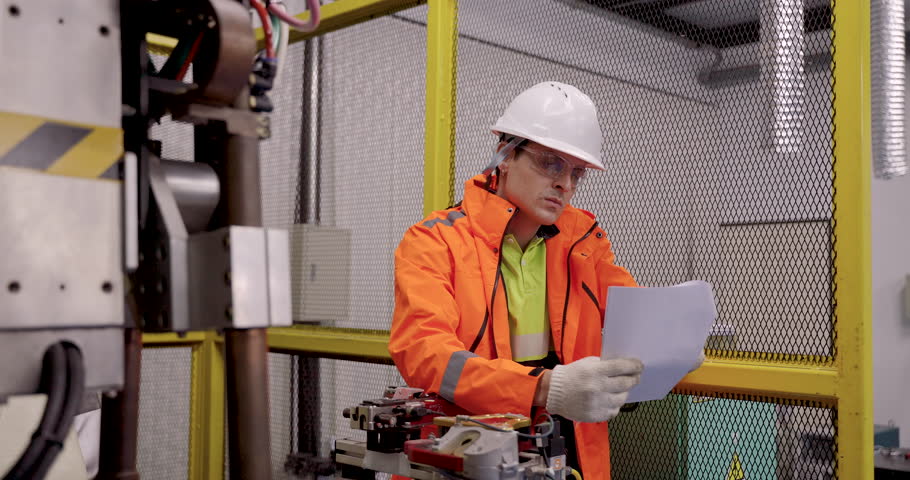 Male engineer in safety gear inspects robot arm and reads instruction manual inside industrial automation lab during robotics maintenance training session focused on diagnostics and task preparation