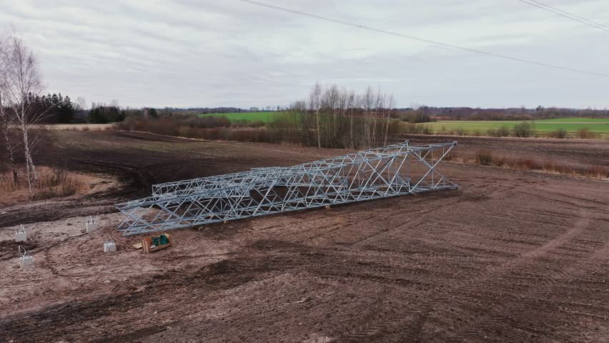 Steel lattice tower awaits assembly on brown spring field in rural countryside