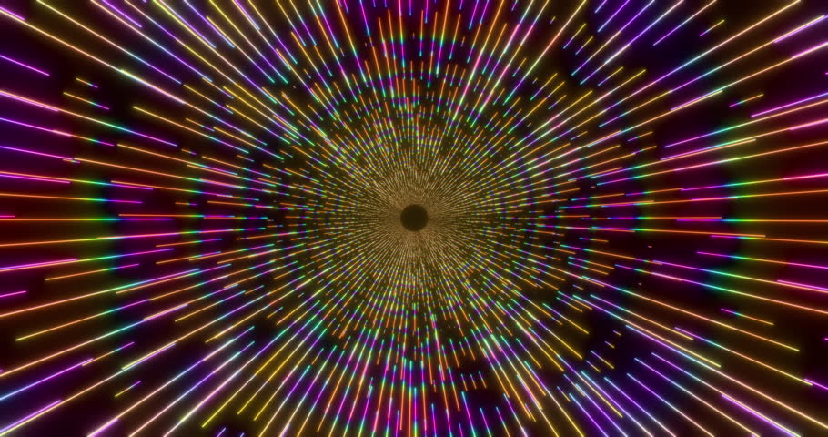 Futuristic glowing neon waving rays background. Shining geometric rainbow lines inside tube in perspective. Bright retro digital cyberspace. 4K 3D rendering loop animation.