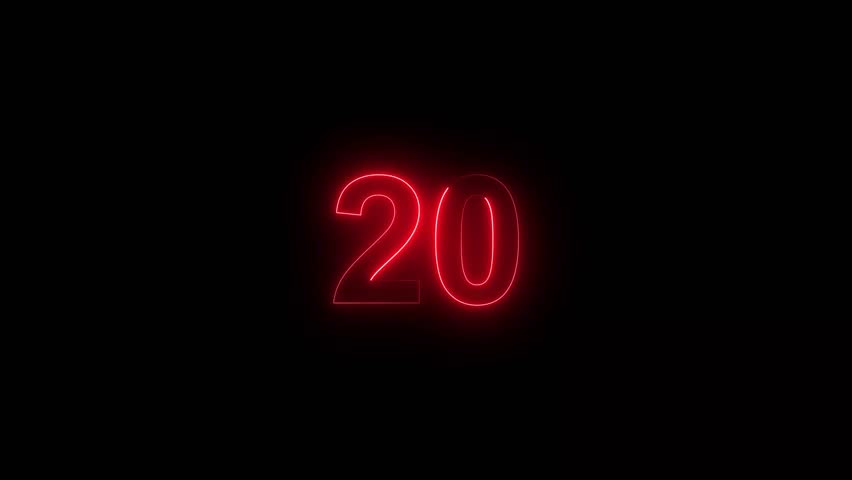20 number countdown neon bright red color animation. black background 4k video.