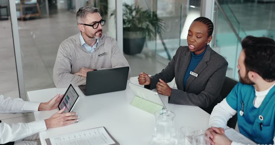 Medical staff, tablet or woman with discussion in meeting for surgery funding, progress or feedback. Above, health administrator and planning with team for clinic budget, treatment options or support
