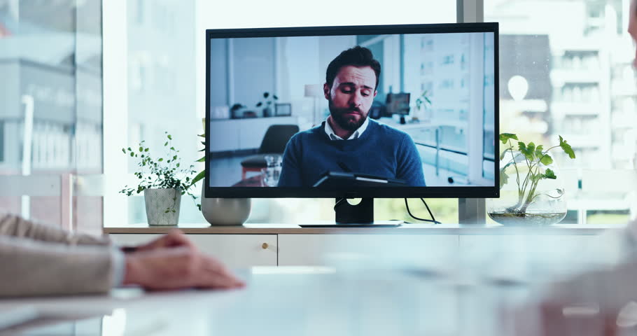 Screen, video call and meeting at office with man, business people or tablet for webinar at agency. Person, presentation and speaker on monitor at workshop, training or skill development at company