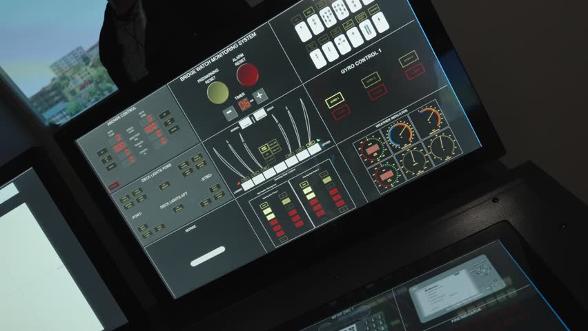 A close-up of a modern ship bridge simulator's control station, featuring multiple monitors and a large touch screen displaying complex system data and controls