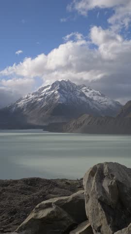 Vertical Shot Of Mount Cook And Tasman Glacier Lake In South Island, New Zealand