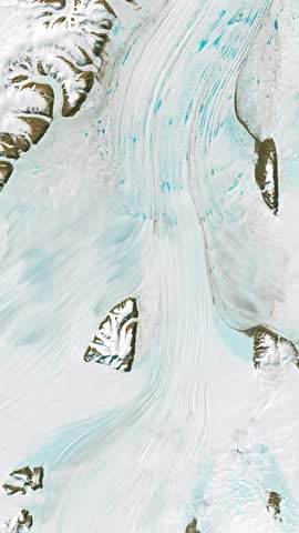 Flying above glacier flowing and melting. Camera is zooming in, rotating clockwise. Vertical video. Animation based on image by NASA