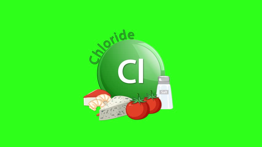 A green chloride symbol animates in, accompanied by bread, cheese, tomato, and salt shaker illustrations. Clean, flat graphics with smooth transitions and static camera