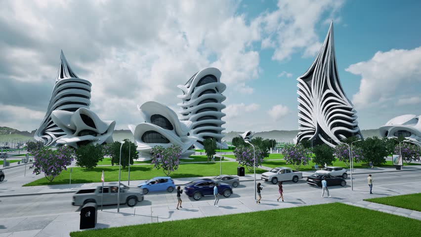 Futuristic city green curve buildings fantasy fiction skyscrapers architecture 4k. 3D Illustration