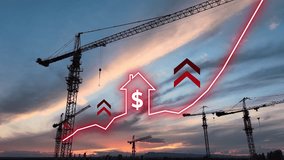 Cranes at sunset with animated rising graph, symbolizing increasing construction costs and real estate prices - Powered by Shutterstock - Get 15% off with code: PIKWIZARD15