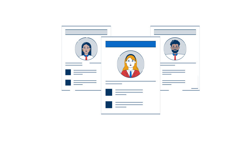 Job resume paper sheets with diverse candidates profiles 2D object doodle animation. Employee CVs. HR screening pages animated flat element isolated on white background. Cartoon 4K video drawing