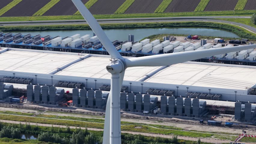 Aerial view of a wind turbine in front of a data center in the Eemshaven, clean energy, energy efficiency, and digital infrastructure