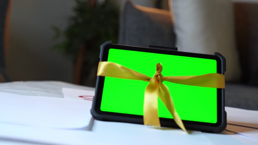 Tablet tied with golden ribbon and green screen in cozy setting. Great for tech gifts, unboxing promos, product reveals, and digital campaigns.