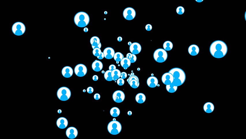 Multitude Social Media Blue People Icons Flying Forward Black Screen