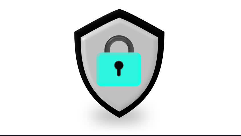 3D security icon animation of a shield and a locking,unlocking padlock. A seamless loop symbolizing cybersecurity, data protection, and privacy.