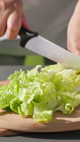 chef cuts fresh green romaine lettuce leaves on cutting board to prepare a healthy salad. outdoor cooking, food closeup