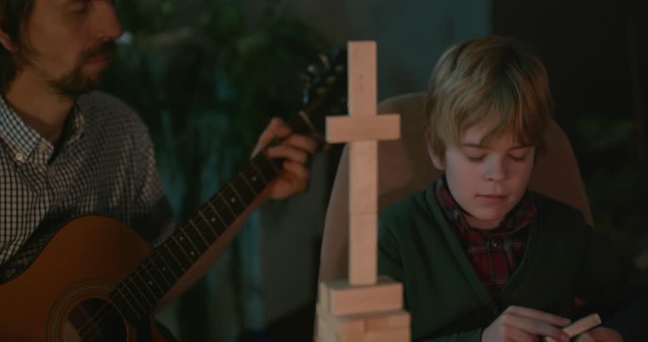 Kid with Uncle and Father Spend Time Together Playing Music Watching Family Album 4K 10-bit