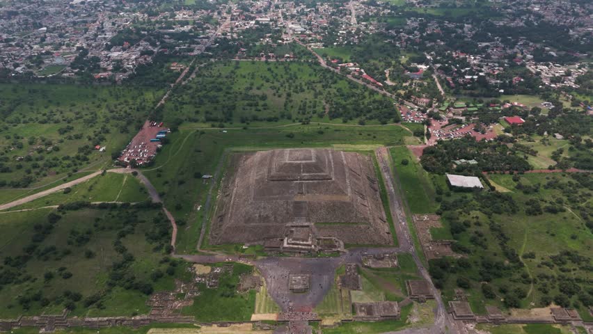 Panoramic aerial shot of the Pyramid of the Sun at Teotihuacan archaeological site