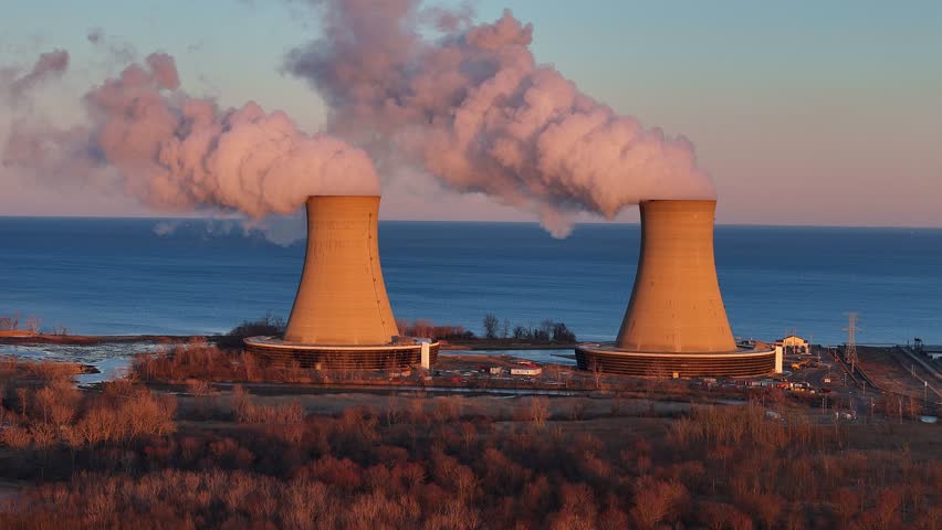 Twin cooling towers at Enrico Fermi II Nuclear Plant at dusk, Berlin Township, Michigan, USA