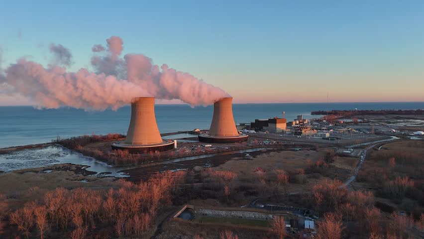Drone video of Enrico Fermi II nuclear power plant, Berlin Township, Michigan, USA