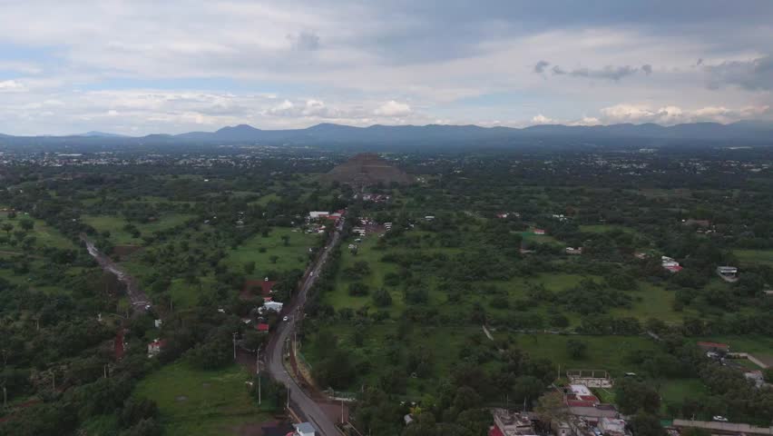 Aerial shot of the Teotihuacan Valley, featuring the Pyramid of the Sun, Mexico