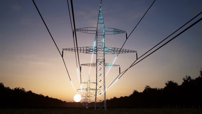 Tilt Up Shot Of Energy Stream Flowing Through Metal Pole High Voltage Power Lines Over Sunrise Horizon Sky Electric Wires Transmitting