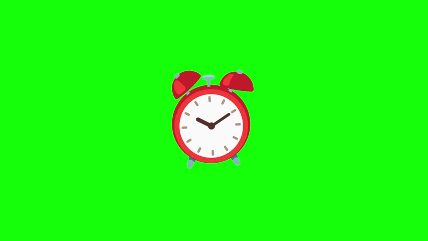 3D animated alarm clock emoji icon, classic red twin-bell design, ringing motion with shaking bells, cartoon style, centered on chroma key green screen background, smooth looping animation look. 