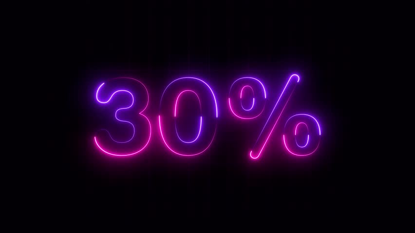 Neon glowing 30 percent sign on black background. Abstract 30% percent text neon animation. Neon percentage text sign with light effects. business offer, discount concept
