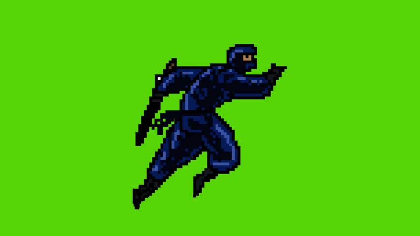 Animation of an old 16-bit game with a ninja running on a green background, pixel art, 2D.